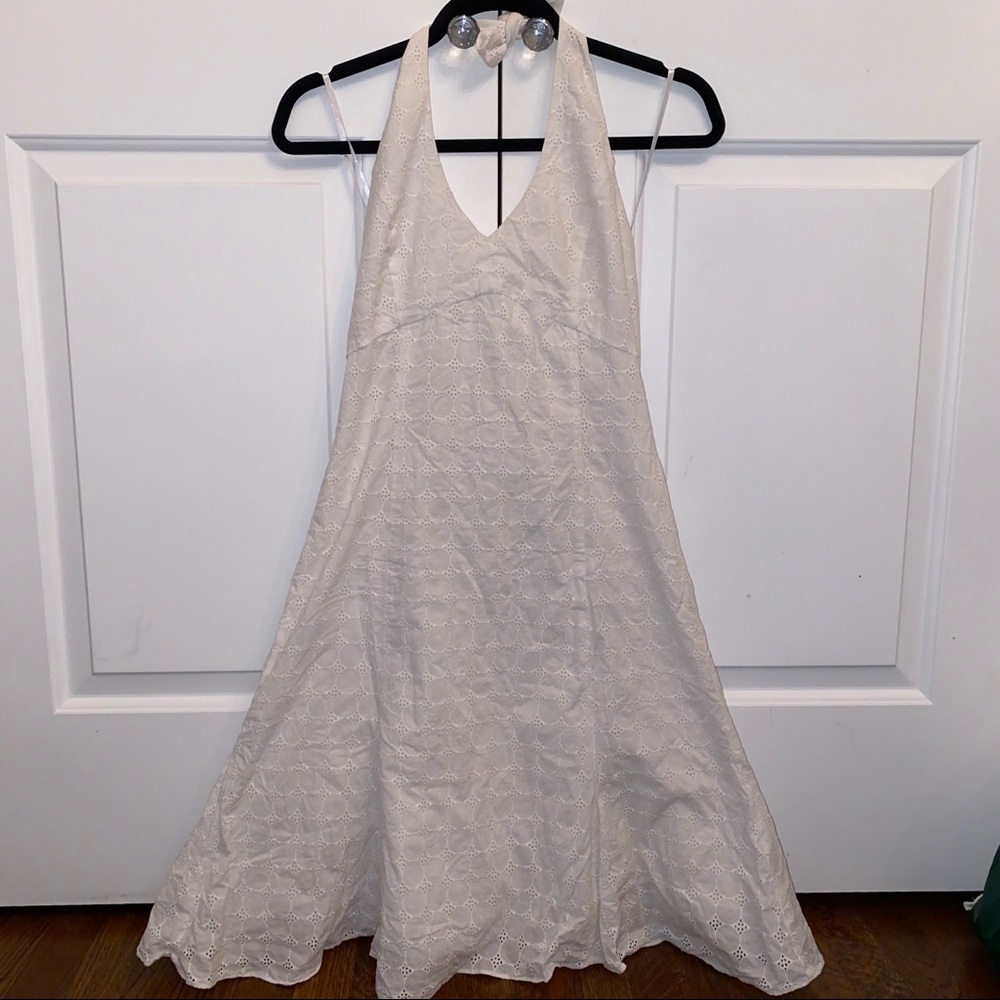 Chaps White Crochet Halter Dress